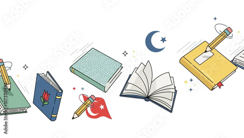 Books, Pencils, Turkish Flag, Crescent Moon & Stars - Education Concept