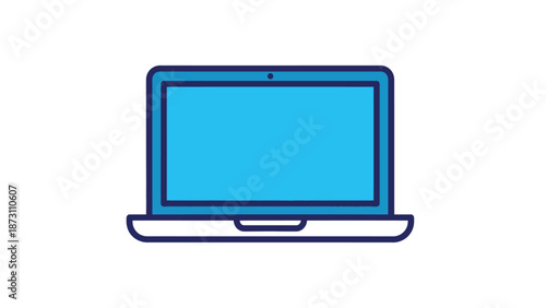 Simple minimalist illustration of an open laptop computer displaying a bright blue screen perfect for technology concepts and digital design work