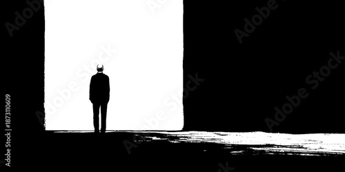 Silhouette of a lone male figure in monochrome landscape with dramatic lighting