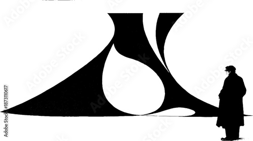 Silhouette of male artist standing before abstract black and white artwork