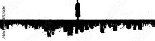 Silhouette of standing person against abstract cityscape reflection in black and white