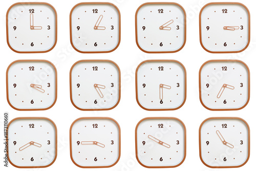 Minimalist grid of twelve square clocks showing 03:00 to 03:55 or 15:00 to 15:55 isolated on white background.