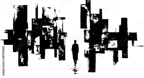 Silhouette of person walking amidst abstract geometric structures in black and white