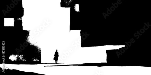 Silhouette of a lone figure walking against stark urban monochrome background