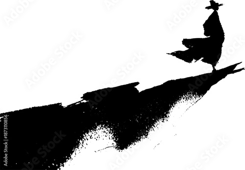 Silhouette of lone samurai in ink wash style on mountain ridge