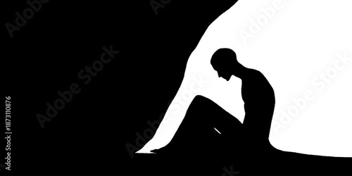 Silhouette of a contemplative person in shadowed cave scene