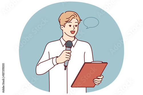 Events emcee man holding microphone and clipboard reading toast to guests of wedding ceremony. Guy in white shirt works emcee at business presentation talking about benefits of goods and services