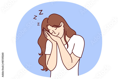 Woman sleeping standing and smiling resting head in hands, needing rest due to overwork. Happy girl sleeping and having pleasant dreams not wanting to wake up, for siesta or midday nap concept