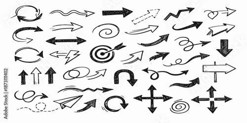 Hand drawn doodle arrow collection featuring black sketch line icons and vector direction pointers for web design elements including up down left symbols
