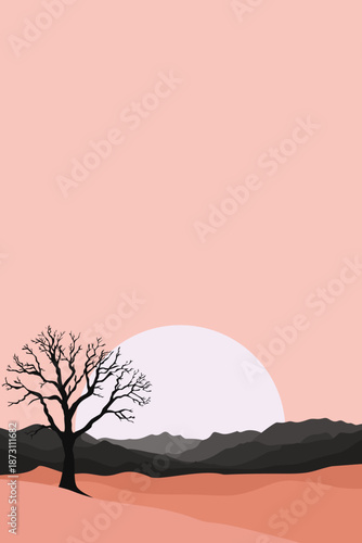 Minimalist barren tree silhouette against large setting sun over pink landscape, layered dark mountains, beige foreground, flat vector illustration evoking solitude, hope and nature's resilience.