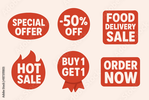 Red sale sticker collection with text. Set of discount and order buttons for food delivery promotions