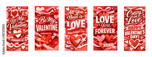 Valentines day vertical love poster collection. Valentine Day red romantic typography banners with hearts and ribbons