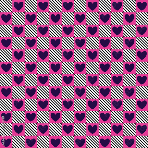 Modern playful geometric pattern featuring hearts and black diagonal stripes. fabric pattern	