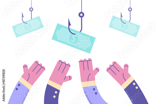 Employees try to catch money on hooks