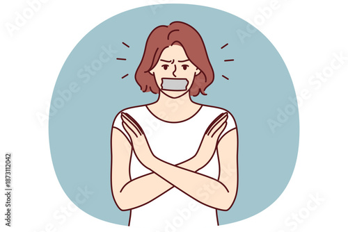 Woman with tape on mouth crosses arms calling for end to discrimination or violation of female rights. Girl feminist fight against discrimination and censorship restricting freedom of speech