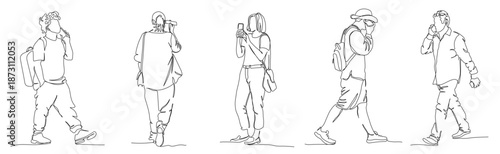 People walking and talking on phone set. Continuous line drawing elements. Vector illustration in line art style. Editable stroke.