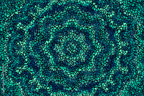 Trencadis wall texture. Emerald green abstract mosaic seamless pattern. Vector background. Endless texture. Ceramic tile fragments.