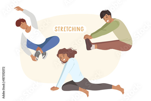 Stretching exercises are used by people doing fitness and pilates during sports training. Woman and two men teach stretching, which helps get rid of body pain and improve person well-being.