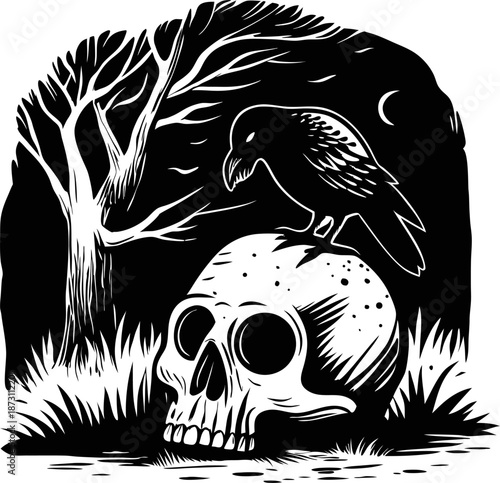 Raven perched on human skull under crescent moon next to barren tree, spooky dark night scene