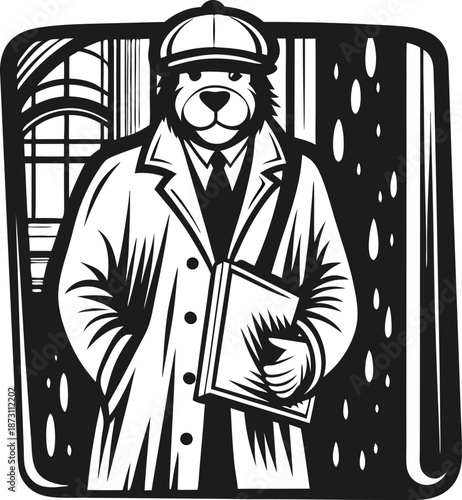 Detective bear in trench coat and cap holding a folder, standing near window in noir