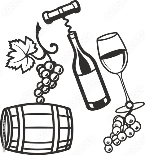Wine barrel, bottle, glass, corkscrew, and grape vine illustration for vineyard and winery theme