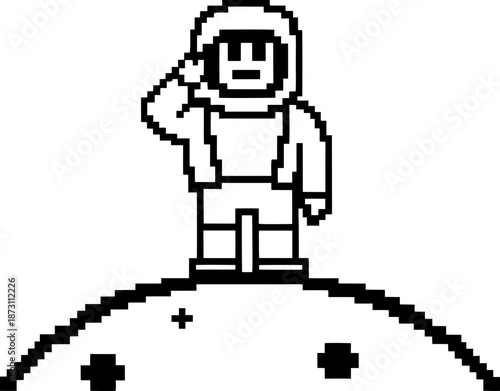 Pixel art astronaut standing on a planet surface, space exploration concept with retro 8 bit