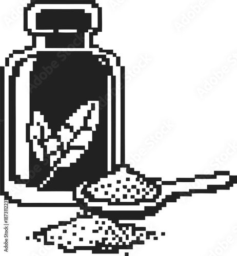pixel art spice jar with herb label and wooden spoon holding ground seasoning, cooking ingredient illustration