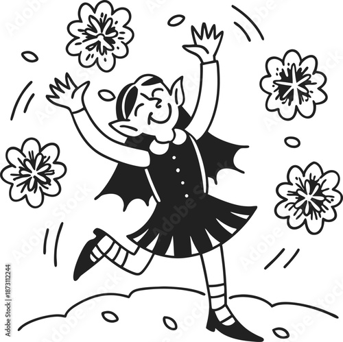 cheerful elf girl dancing joyfully with swirling flowers and petals in a whimsical outdoor scene