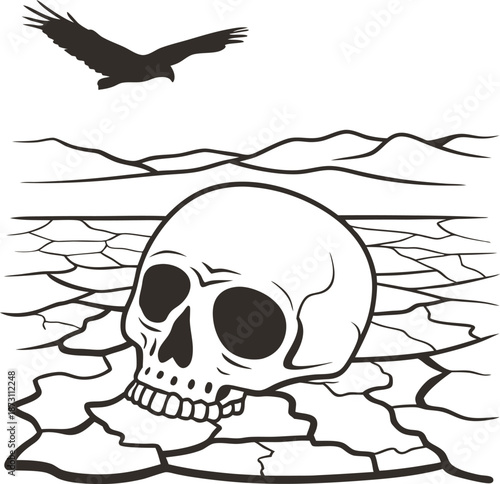 Human skull on cracked dry desert soil with flying vulture over mountains, symbolizing death and desolation
