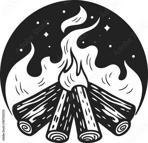 Campfire burning with logs and stylized flames in night sky with stars and sparkles