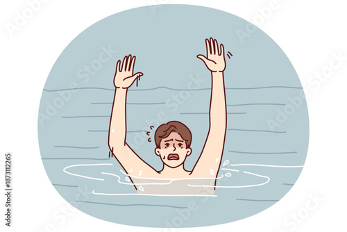 Drowning man screams trying to call for help after sudden spasm that happened while swimming. Drowning guy who suddenly finds himself in sea or ocean needs help of rescuers or life buoy