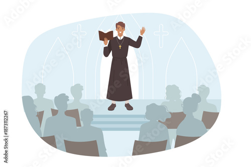 Catholic priest reads sermon in church, standing on stage in front of parishioners. Christian priest with bible in hands preaches about importance of faith in god and studying gospel