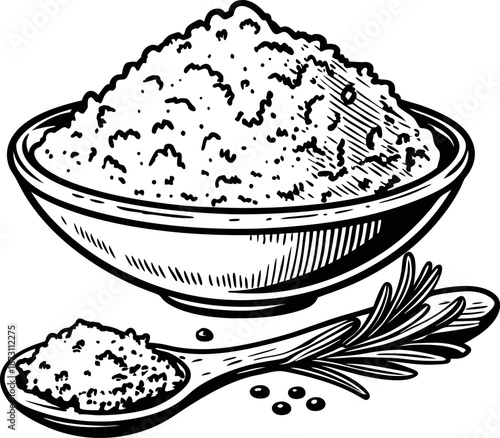 Bowl and spoon with coarse salt and rosemary sprig, culinary seasoning ingredient illustration