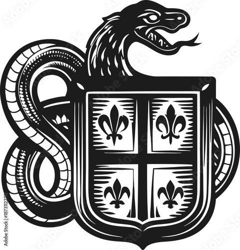 Heraldic serpent coiled around shield with fleur de lis and cross emblem in vintage monochrome