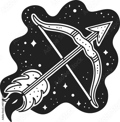 Sagittarius zodiac sign illustration with bow and arrow in cosmic star background, astrology symbol