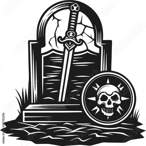 ancient sword embedded in cracked stone monument with skull shield resting beside it