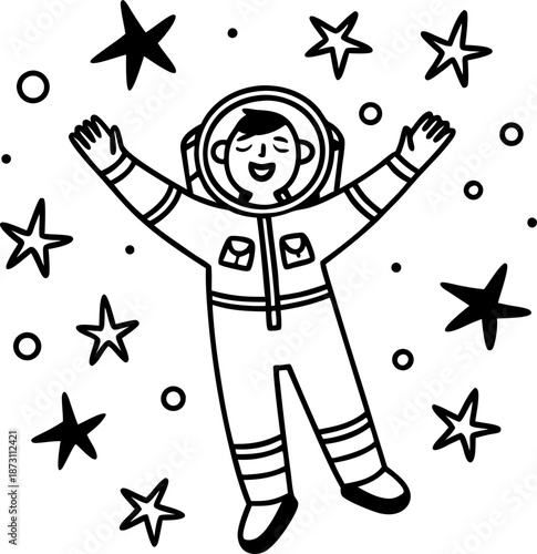 Happy astronaut floating in space surrounded by stars and planets space explorer in suit with helmet celebrating space walk