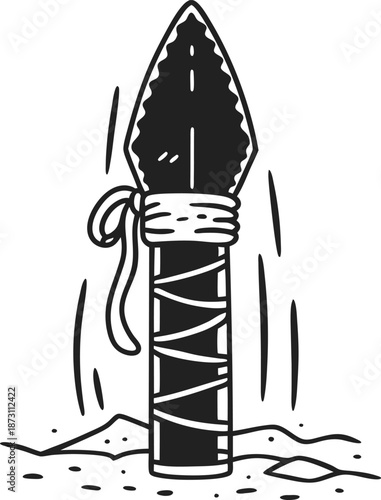 Ancient spearhead embedded in ground with wrapped handle and pointed stone blade