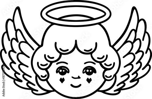 Cute angel face with halo and heart cheeks smiling cherub with curly hair and wings, innocence and love symbol