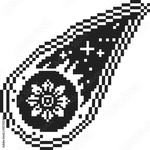 Pixel art comet with floral pattern tail in black and white digital