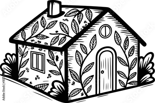 Decorative cottage with leaf patterns and floral design, charming small house with chimney and round window
