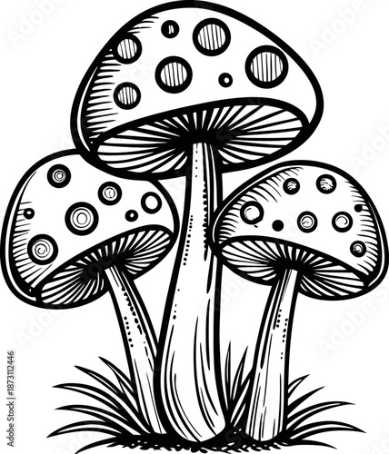Black and white illustration of three decorative mushrooms with dotted caps growing on grass