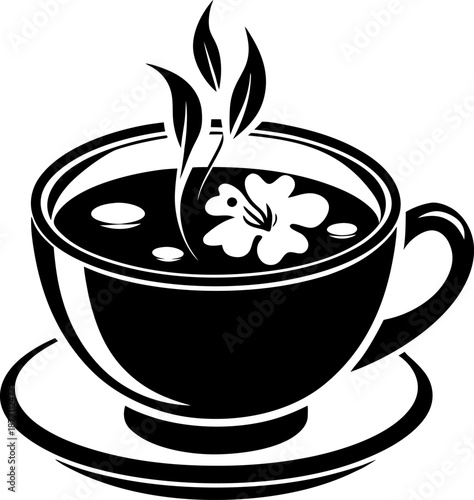 hot tea cup with steam and decorative flower on saucer, black and white tea icon design