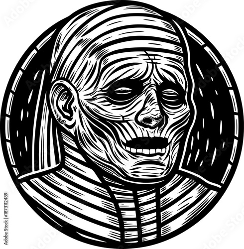 Mummy carved portrait in circular frame ancient preserved human, skull and wrinkled skin, horror and myth symbol