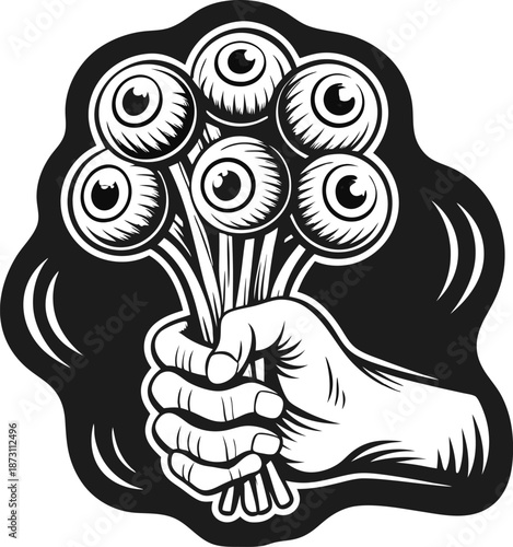 hand holding bouquet of eyeballs surreal creepy horror illustration with detailed anatomy and eerie vibe