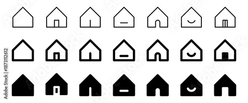 Minimal house icon set, home icons with outline and solid styles, showing home variations and entrances for real estate and UI design. web home, main page, homepage thin line icon