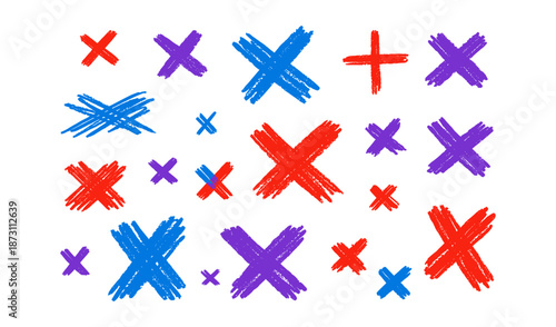 Hand-drawn colorful crosses and plus signs scattered on a white background