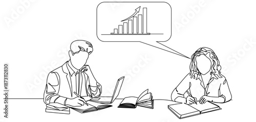 A continuous line drawing depicting a team of entrepreneurs working on laptops and displaying a growing bar graph, symbolizing financial success, data analysis, and an upward business trajectory.