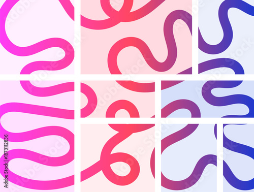 Abstract squiggly lines, Vibrant abstract gradient line with flowing pink to blue hues forming dynamic wavy curves. Modern minimalist background element perfect for posters, tech art, vector design