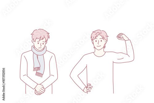 Illness or healthy stay concept. Sad depressed sick ill man having fever standing opposite healthy positive showing biceps young boy vector illustration